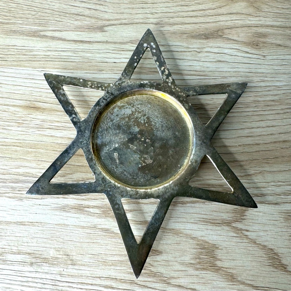 IHI Brass 6‎ Point Star of David Pillar Candle Holder Gold Colored Vintage Metal